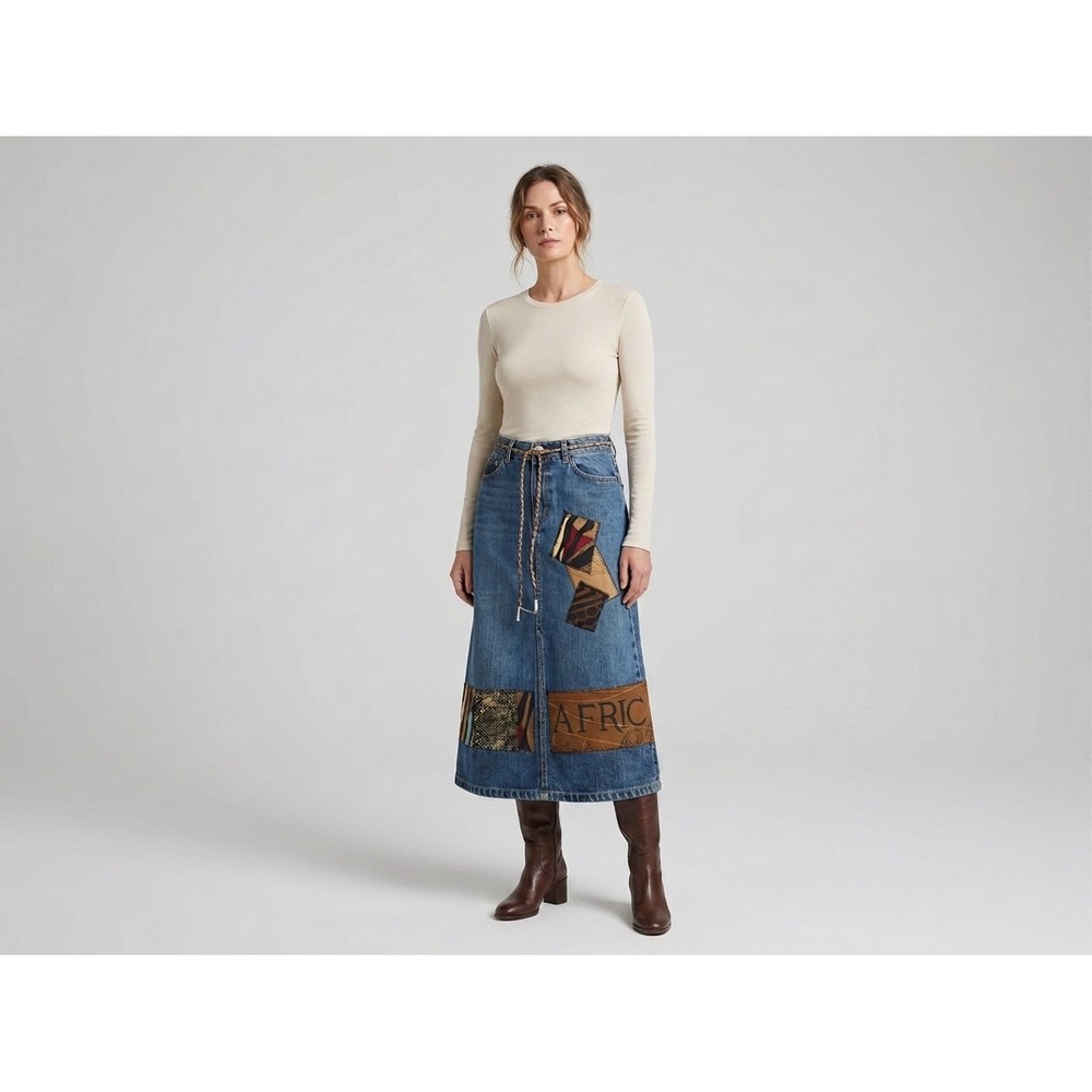 Vintage Artisan Denim Midi Skirt.